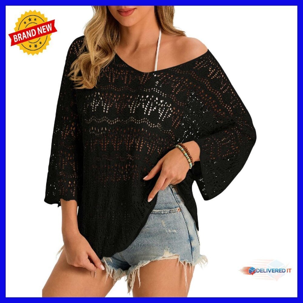 Crochet 3/4 Sleeve V-Neck Boho Beach Coverup Summer Resort Wear